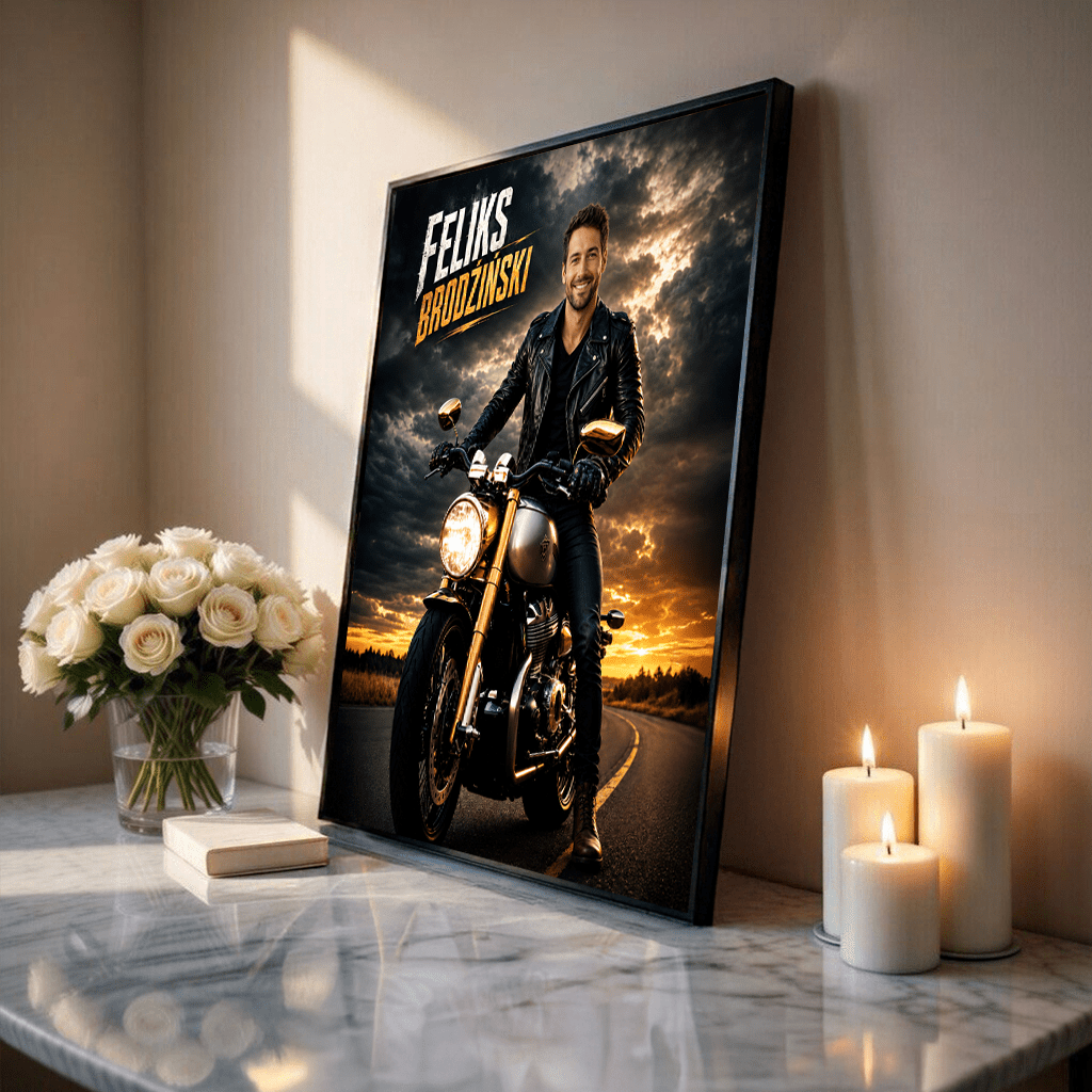 Grafika motocyklisty + imię - plakat, spersonalizowany prezent dla mężczyzny - Adamell.pl