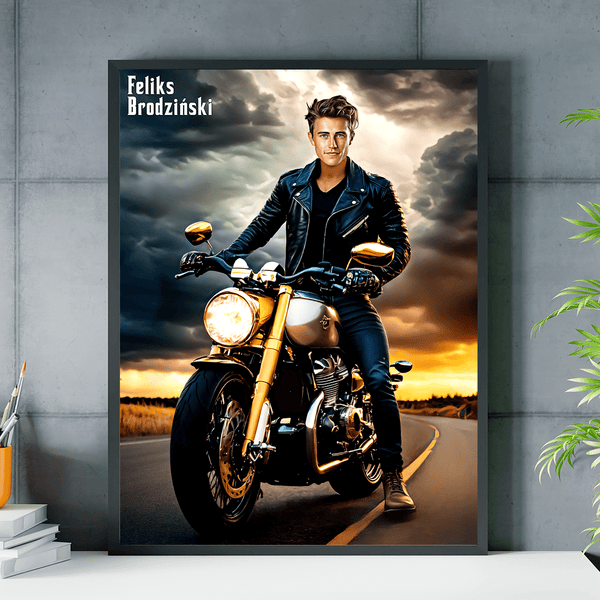 Grafika motocyklisty + imię - plakat, spersonalizowany prezent dla mężczyzny - Adamell.pl
