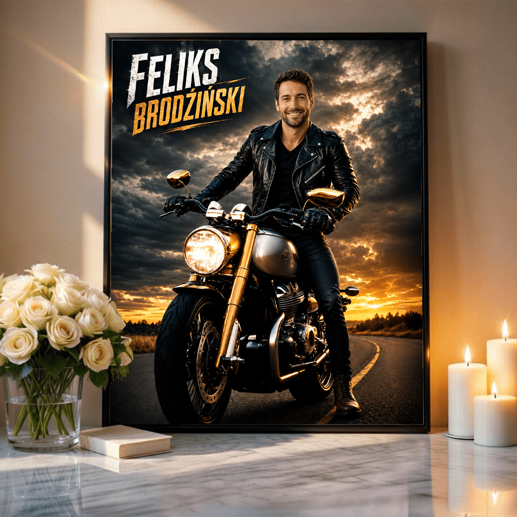 Grafika motocyklisty + imię - plakat, spersonalizowany prezent dla mężczyzny - Adamell.pl