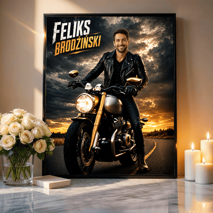 Grafika motocyklisty + imię - plakat, spersonalizowany prezent dla mężczyzny - Adamell.pl