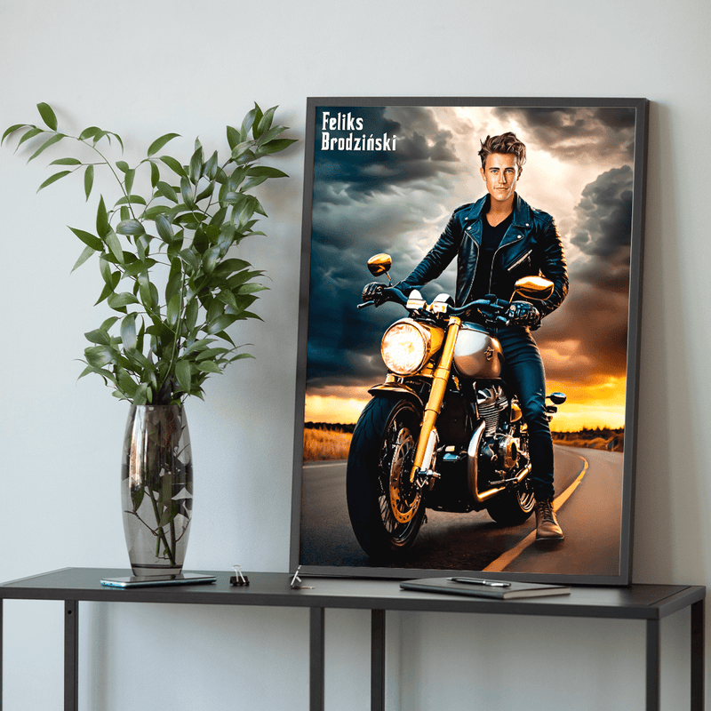 Grafika motocyklisty + imię - plakat, spersonalizowany prezent dla mężczyzny - Adamell.pl