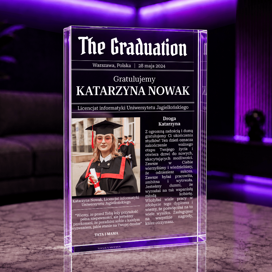 Gratulacje dla absolwenta zakończenie studiów - Druk na szkle, spersonalizowany prezent dla absolwenta - Adamell.pl