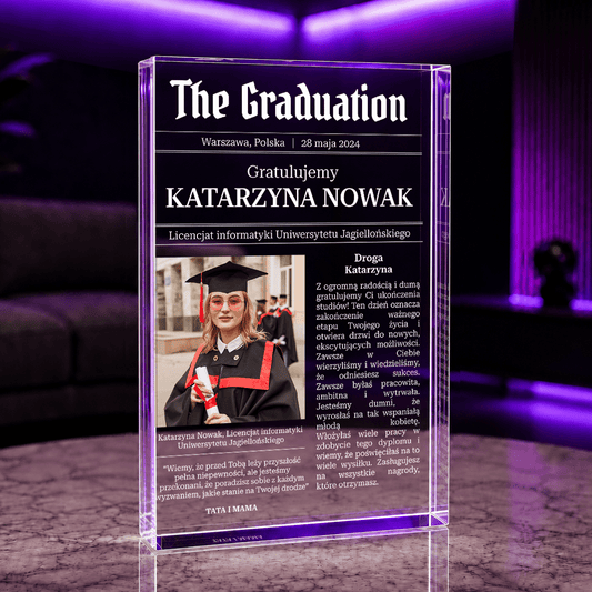 Gratulacje dla absolwenta zakończenie studiów - Druk na szkle, spersonalizowany prezent dla absolwenta - Adamell.pl