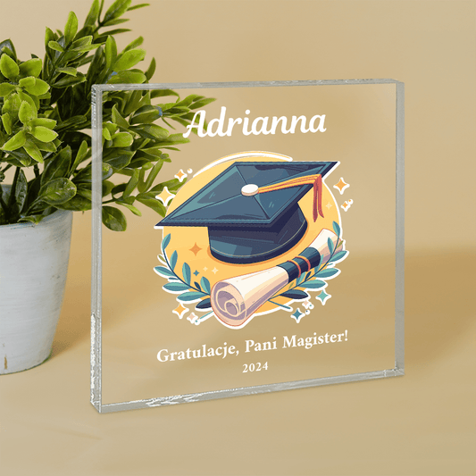 Gratulacje dla magistra - Druk na kwadratowym szkle, spersonalizowany prezent dla niej - Adamell.pl