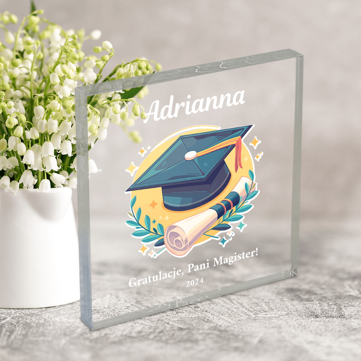 Gratulacje dla magistra - Druk na kwadratowym szkle, spersonalizowany prezent dla niej - Adamell.pl