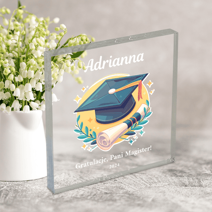 Gratulacje dla magistra - Druk na kwadratowym szkle, spersonalizowany prezent dla niej - Adamell.pl