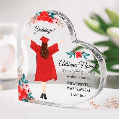 Gratulacje na zakończenia studiów - Szklane serce, spersonalizowany prezent dla absolwenta - Adamell.pl