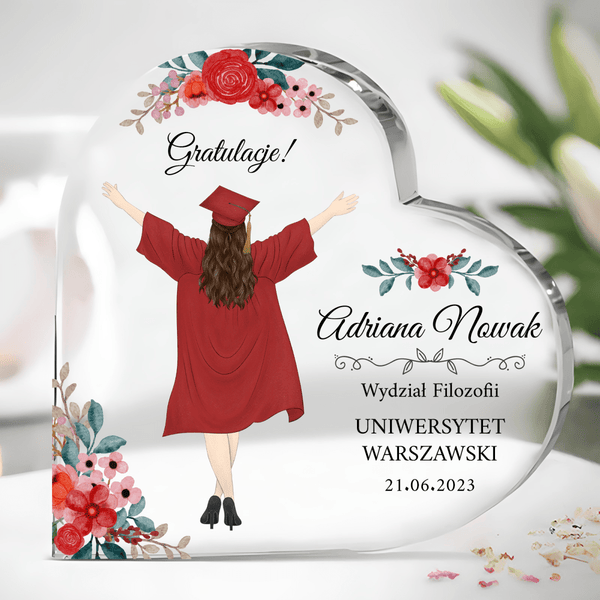 Gratulacje na zakończenia studiów - Szklane serce, spersonalizowany prezent dla absolwenta - Adamell.pl