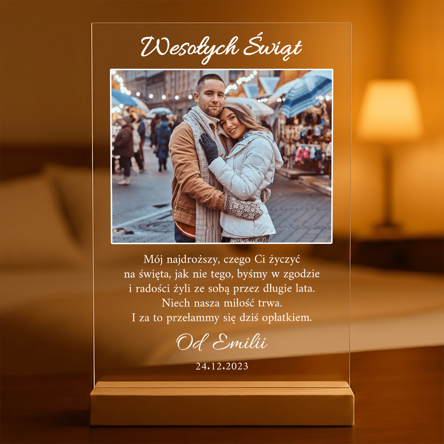 Gwiazdkowe życzenia + zdjęcie - Druk na szkle, spersonalizowany prezent dla niego - Adamell.pl