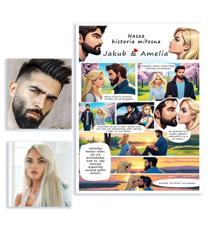 Historia miłości w komiksowym stylu - plakat, spersonalizowany prezent dla pary - Adamell.pl