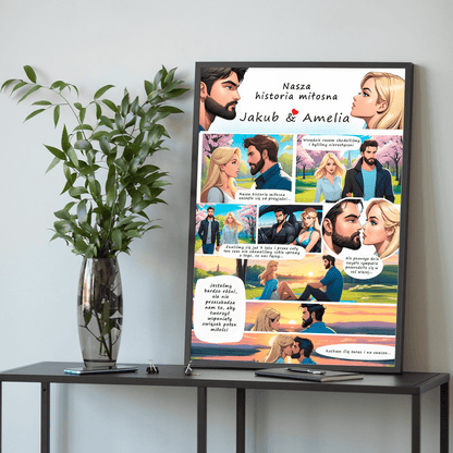 Historia miłości w komiksowym stylu - plakat, spersonalizowany prezent dla pary - Adamell.pl