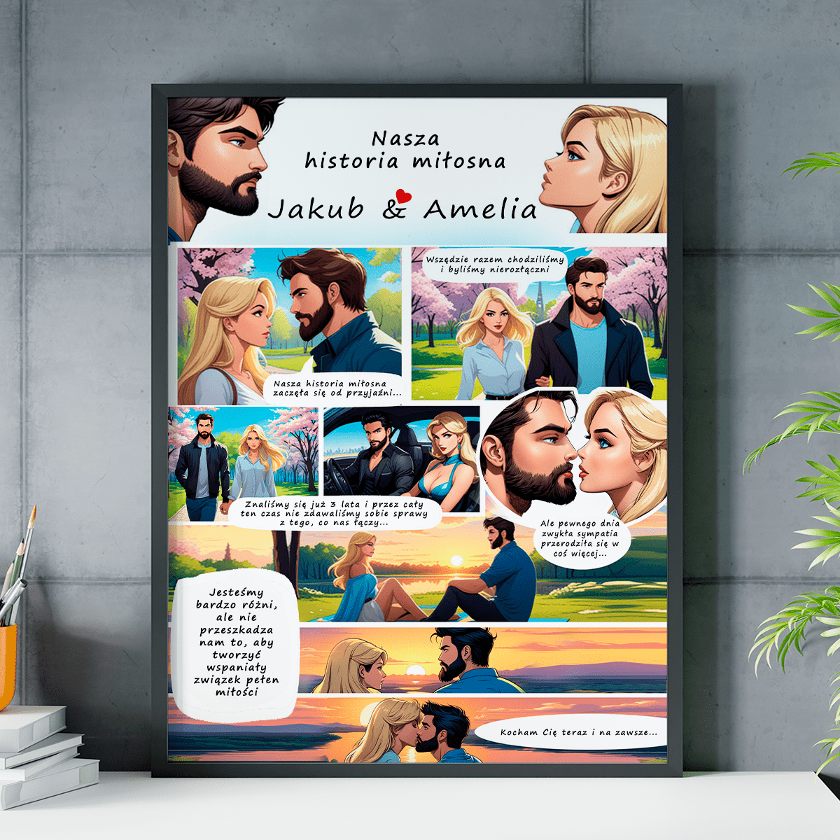 Historia miłości w komiksowym stylu - plakat, spersonalizowany prezent dla pary - Adamell.pl