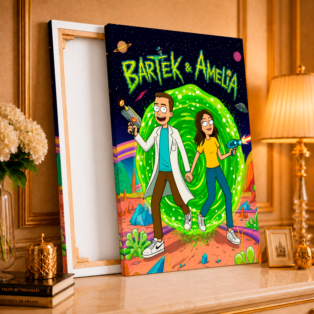 Ilustracja pary w stylu Rick & Morty - druk na płótnie, spersonalizowany prezent dla pary - Adamell.pl