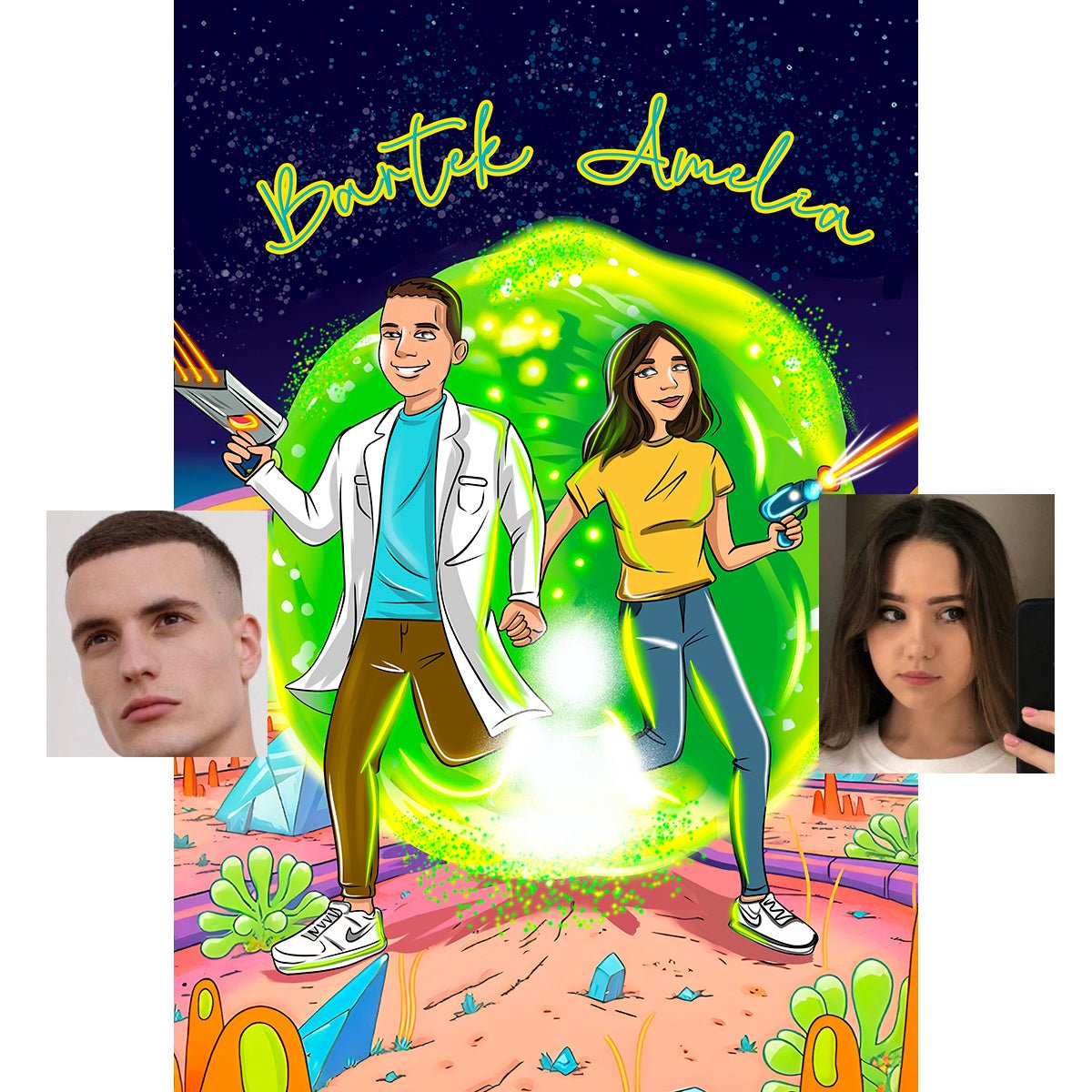 Ilustracja pary w stylu Rick & Morty - druk na płótnie, spersonalizowany prezent dla pary - Adamell.pl