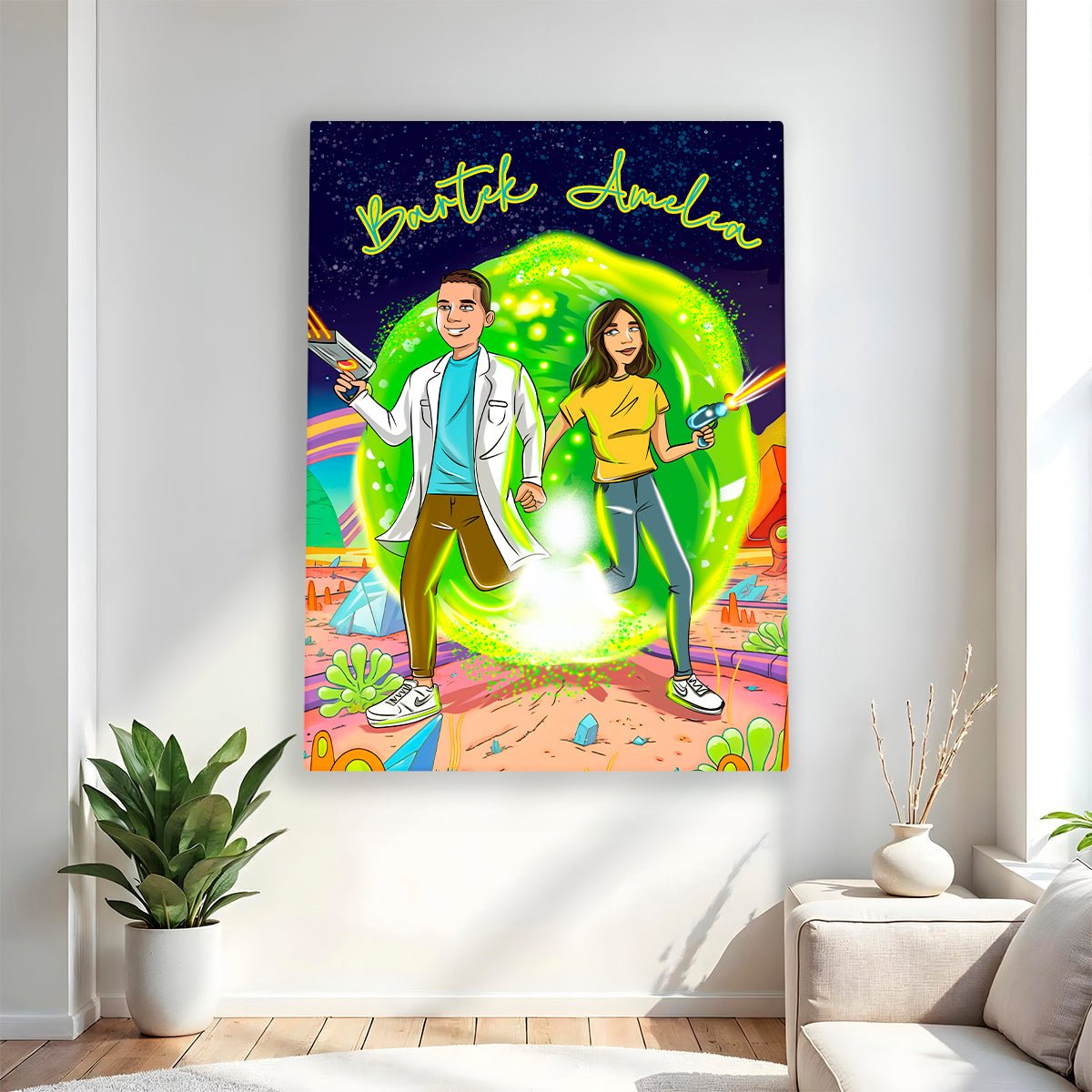Ilustracja pary w stylu Rick & Morty - druk na płótnie, spersonalizowany prezent dla pary - Adamell.pl