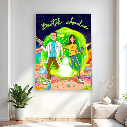 Ilustracja pary w stylu Rick & Morty - druk na płótnie, spersonalizowany prezent dla pary - Adamell.pl