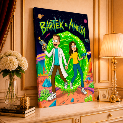 Ilustracja pary w stylu Rick & Morty - druk na płótnie, spersonalizowany prezent dla pary - Adamell.pl