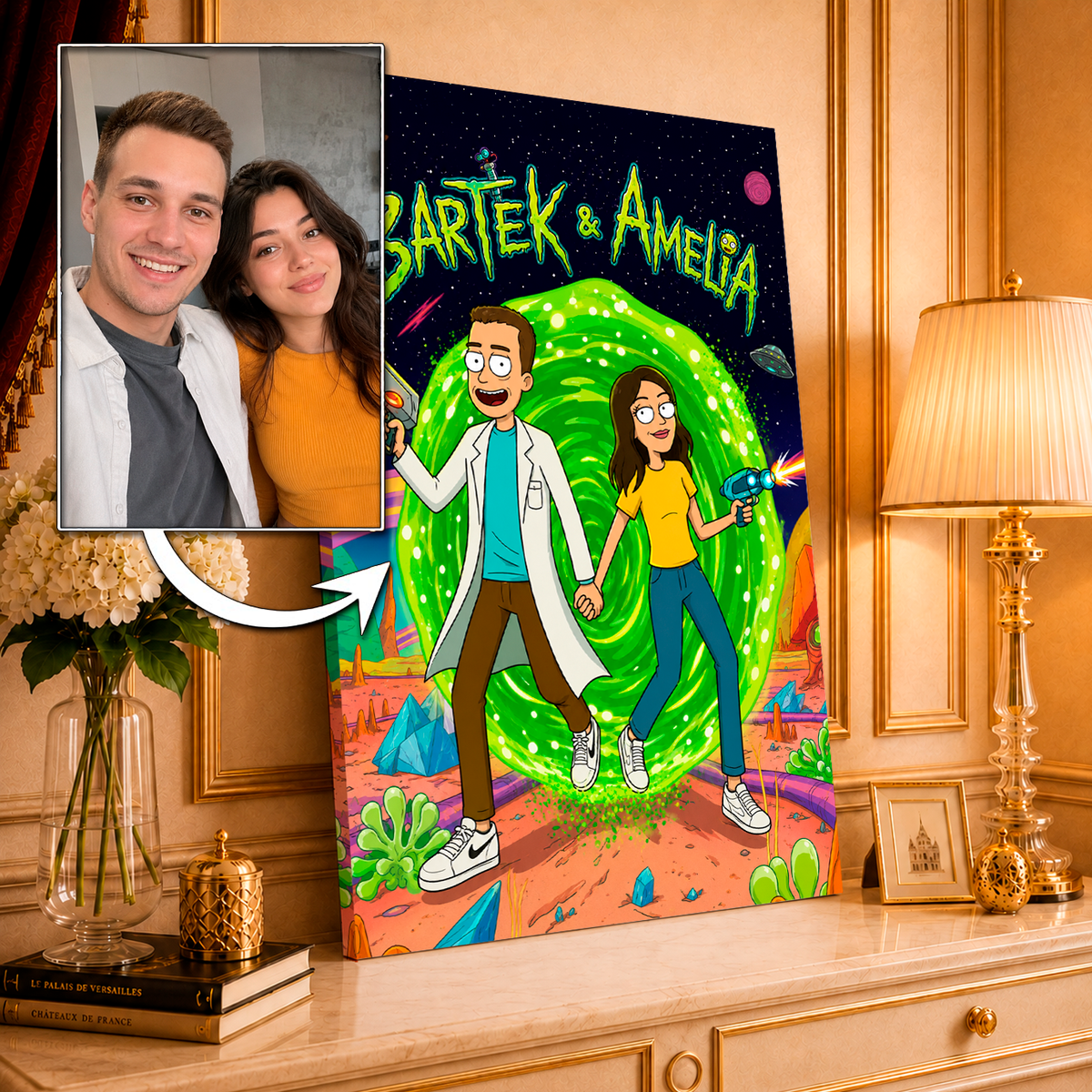 Ilustracja pary w stylu Rick & Morty - druk na płótnie, spersonalizowany prezent dla pary - Adamell.pl