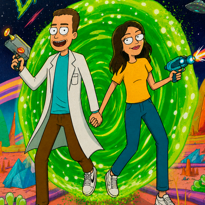 Ilustracja pary w stylu Rick & Morty - druk na płótnie, spersonalizowany prezent dla pary - Adamell.pl