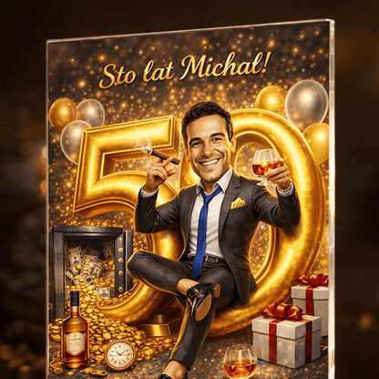 Ilustracja z okazji 50. - Druk na szkle, spersonalizowany prezent dla mężczyzny - Adamell.pl