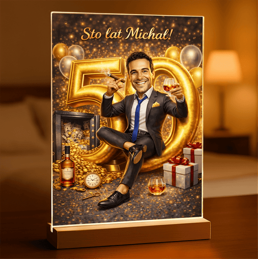 Ilustracja z okazji 50. - Druk na szkle, spersonalizowany prezent dla mężczyzny - Adamell.pl