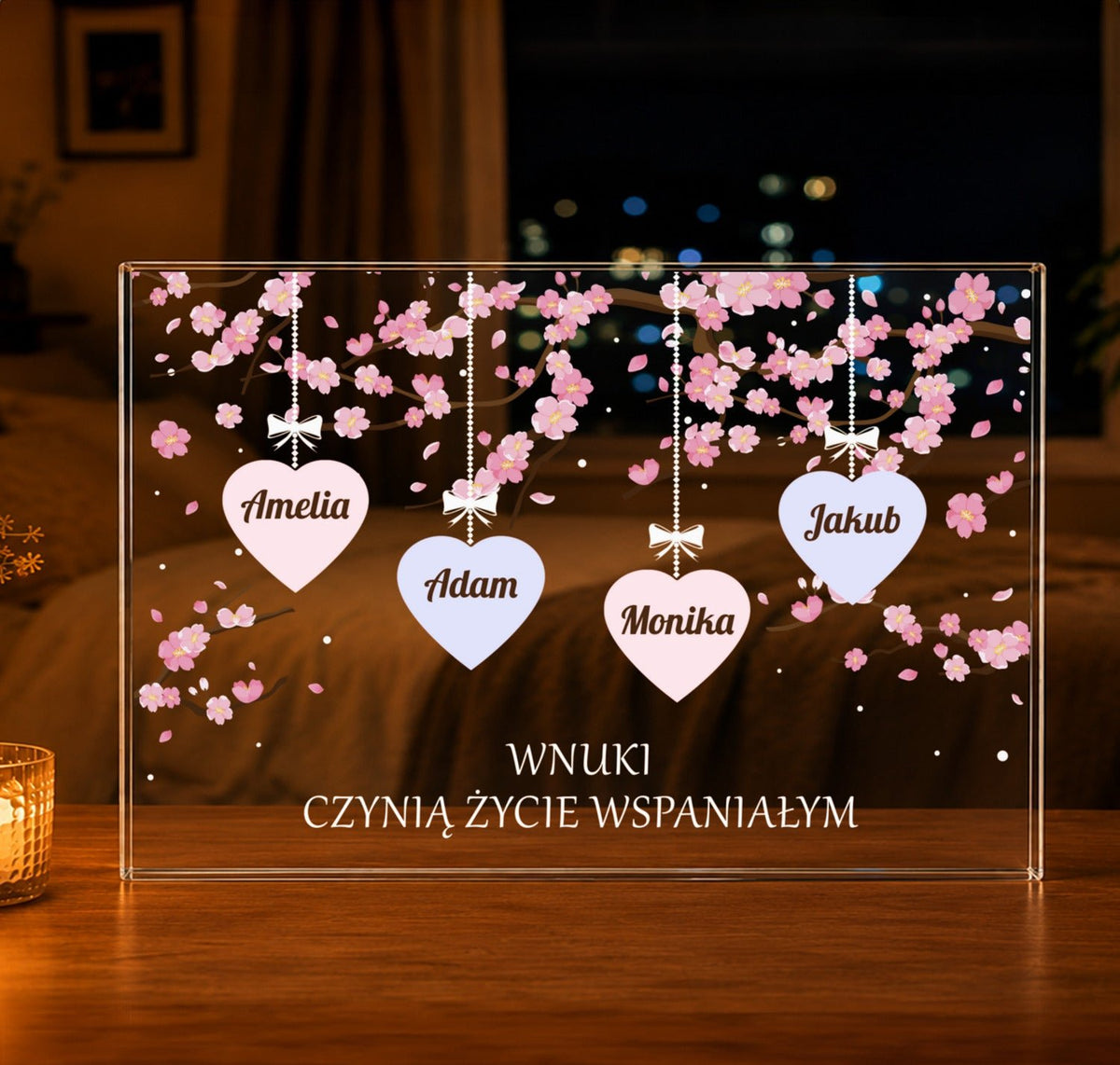 Imiona wnuków w sercach - Druk na szkle, spersonalizowany prezent dla dziadków - Adamell.pl