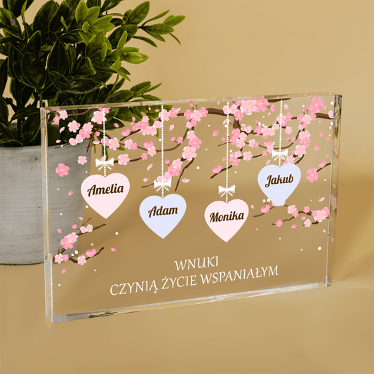 Imiona wnuków w sercach - Druk na szkle, spersonalizowany prezent dla dziadków - Adamell.pl
