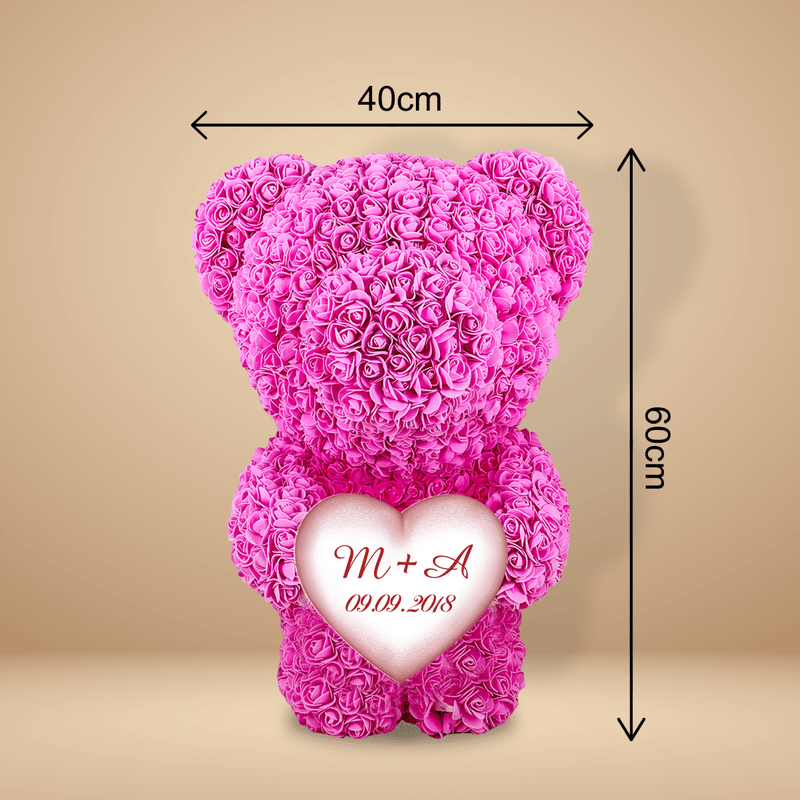 Inicjały + data - Miś z róż 60 cm + serce, spersonalizowany prezent dla niej - Adamell.pl