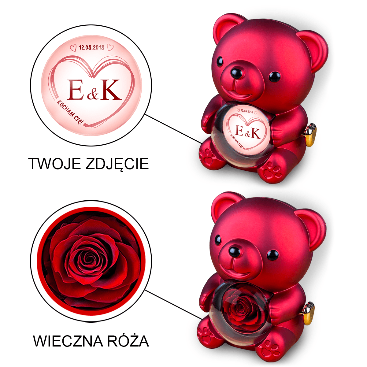 Inicjały pary + data - Miś z różą wieczną i wydrukiem, spersonalizowany prezent dla niej - Adamell.pl