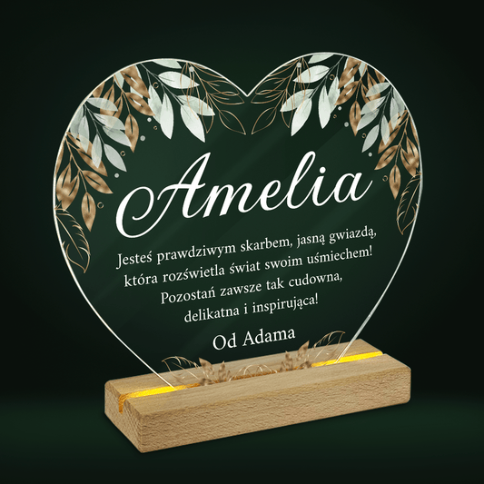 Jej imię + życzenia - Druk na szkle serce, spersonalizowany prezent dla niej - Adamell.pl