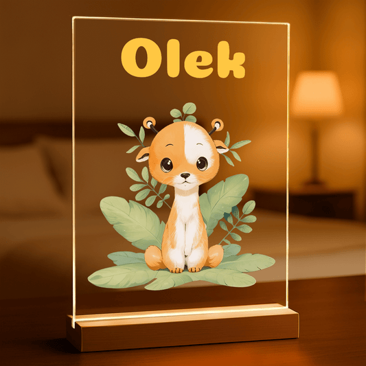Jelonek grafika + imię dziecka - Druk na szkle z podstawką LED, spersonalizowany prezent dla dziecka - Adamell.pl