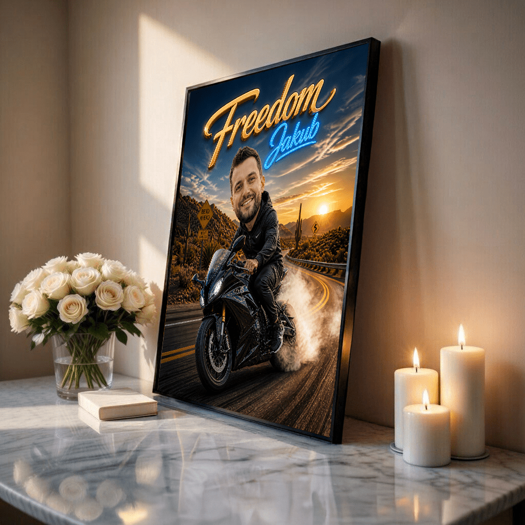 Karykatura motocyklisty - plakat, spersonalizowany prezent dla niego - Adamell.pl