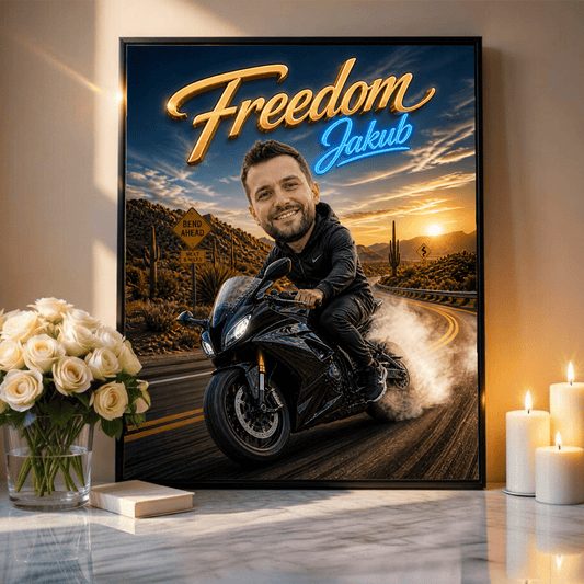 Karykatura motocyklisty - plakat, spersonalizowany prezent dla niego - Adamell.pl