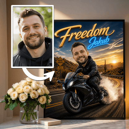 Karykatura motocyklisty - plakat, spersonalizowany prezent dla niego - Adamell.pl