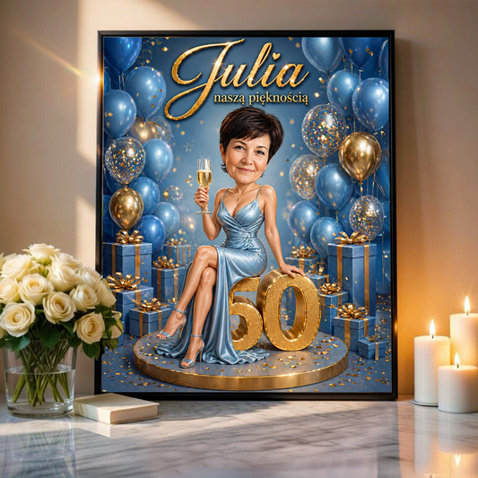 Karykatura na 50. urodziny - plakat, spersonalizowany prezent dla kobiety - Adamell.pl