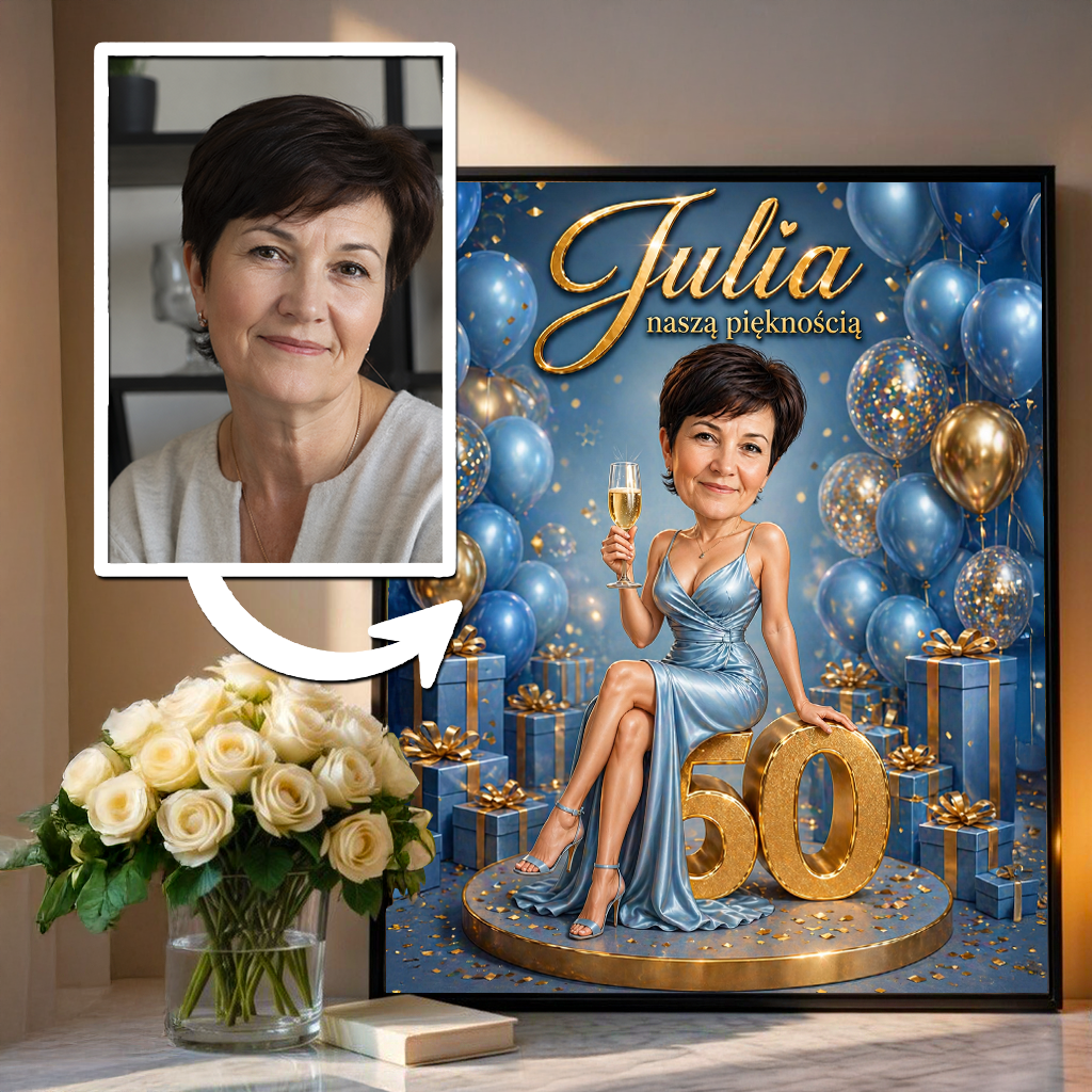 Karykatura na 50. urodziny - plakat, spersonalizowany prezent dla kobiety - Adamell.pl