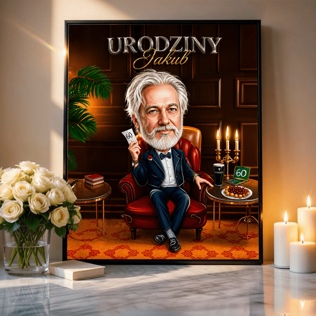 Karykatura na 60. urodziny - plakat, spersonalizowany prezent dla niego - Adamell.pl