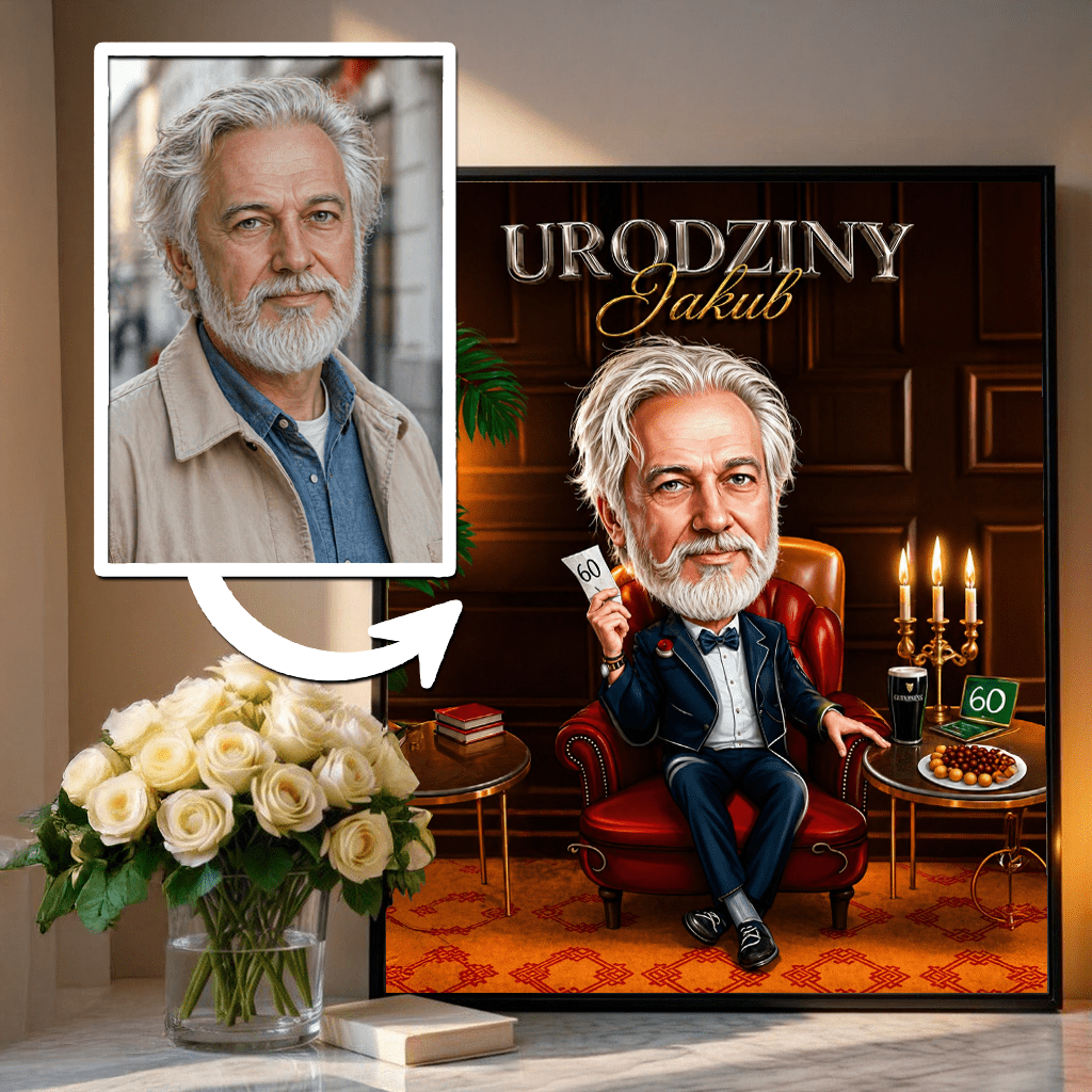 Karykatura na 60. urodziny - plakat, spersonalizowany prezent dla niego - Adamell.pl