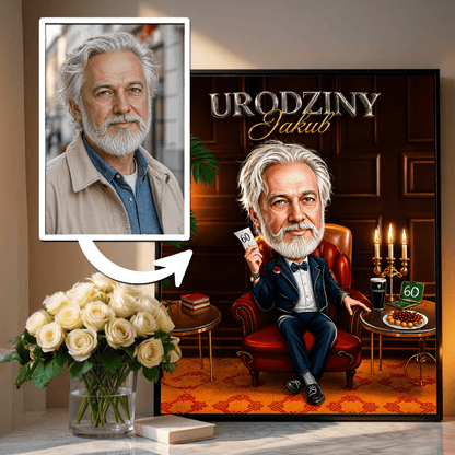 Karykatura na 60. urodziny - plakat, spersonalizowany prezent dla niego - Adamell.pl