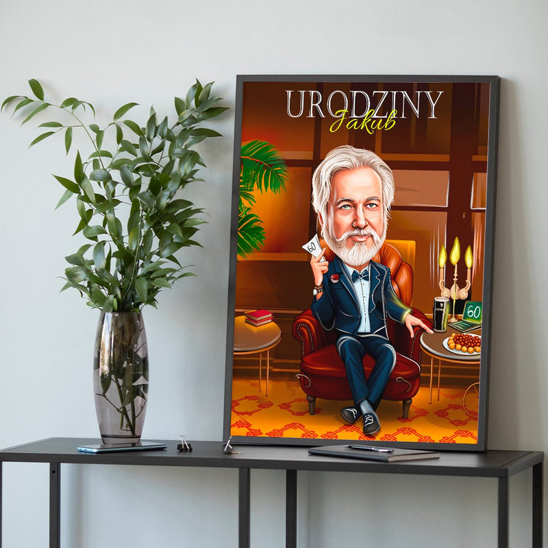 Karykatura na 60. urodziny - plakat, spersonalizowany prezent dla niego - Adamell.pl