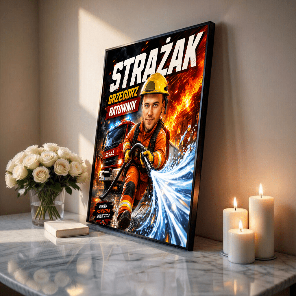 Karykatura strażaka - plakat, spersonalizowany prezent dla strażaka - Adamell.pl