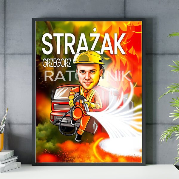 Karykatura strażaka - plakat, spersonalizowany prezent dla strażaka - Adamell.pl