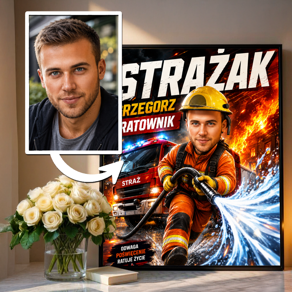 Karykatura strażaka - plakat, spersonalizowany prezent dla strażaka - Adamell.pl