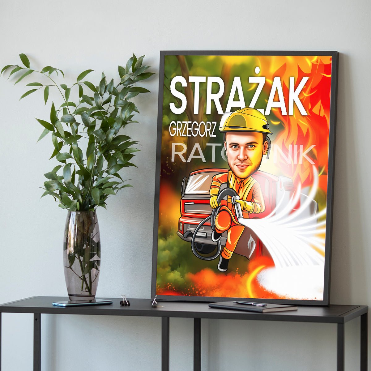 Karykatura strażaka - plakat, spersonalizowany prezent dla strażaka - Adamell.pl