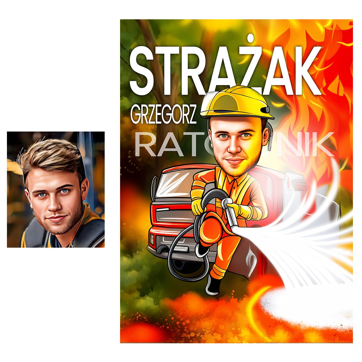 Karykatura strażaka - plakat, spersonalizowany prezent dla strażaka - Adamell.pl