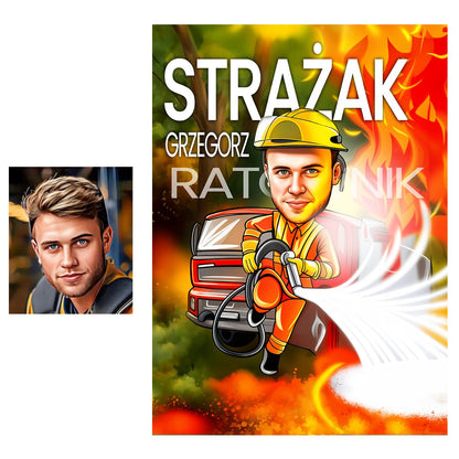 Karykatura strażaka - plakat, spersonalizowany prezent dla strażaka - Adamell.pl