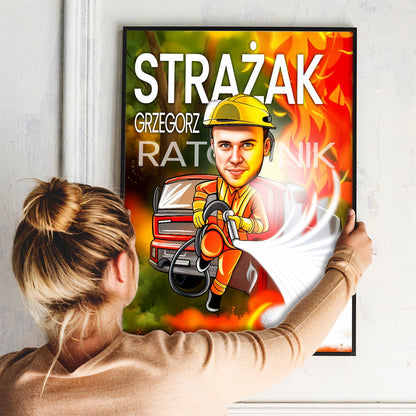 Karykatura strażaka - plakat, spersonalizowany prezent dla strażaka - Adamell.pl