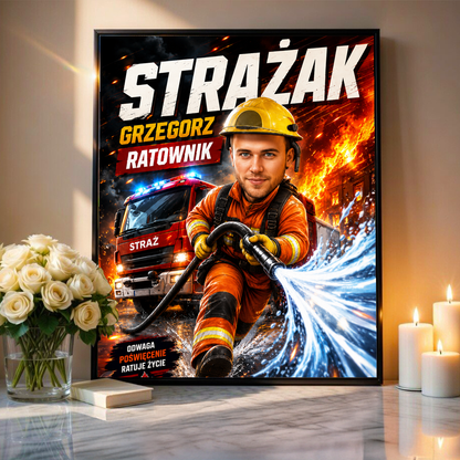Karykatura strażaka - plakat, spersonalizowany prezent dla strażaka - Adamell.pl