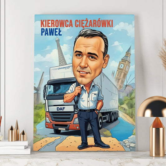Kierowca ciężarówki ilustracja - druk na płótnie, spersonalizowany prezent dla kierowcy - Adamell.pl