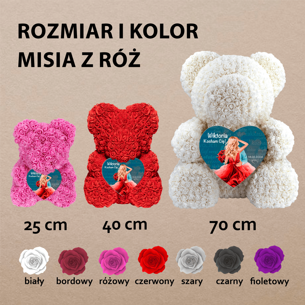 Kocham Cię! - Miś z róż z wydrukiem, spersonalizowany prezent dla niej - Adamell.pl